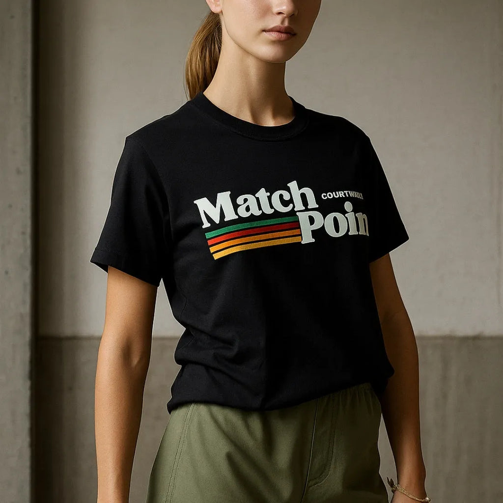 Black men's t-shirt with a digital printed text pattern, showing short sleeves and a round neck.