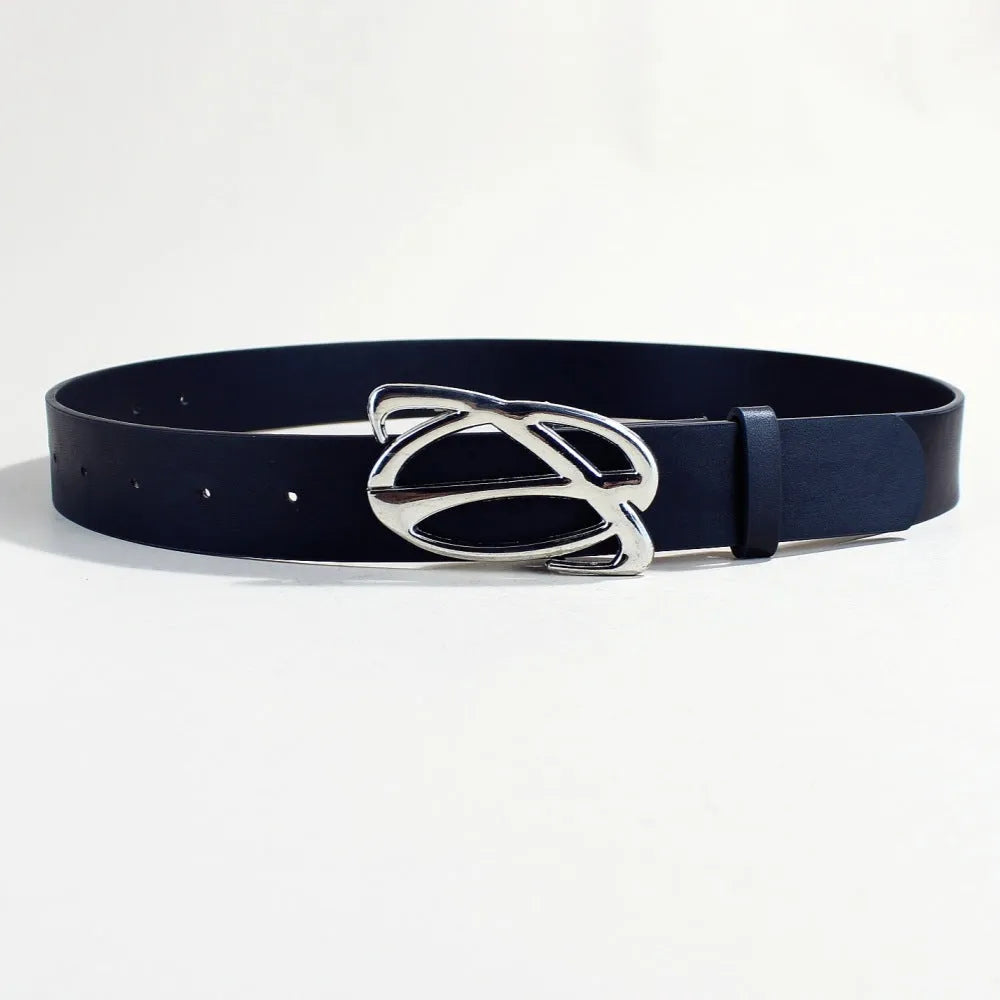 Silver buckle casual belt with PU leather strap and snap button closure