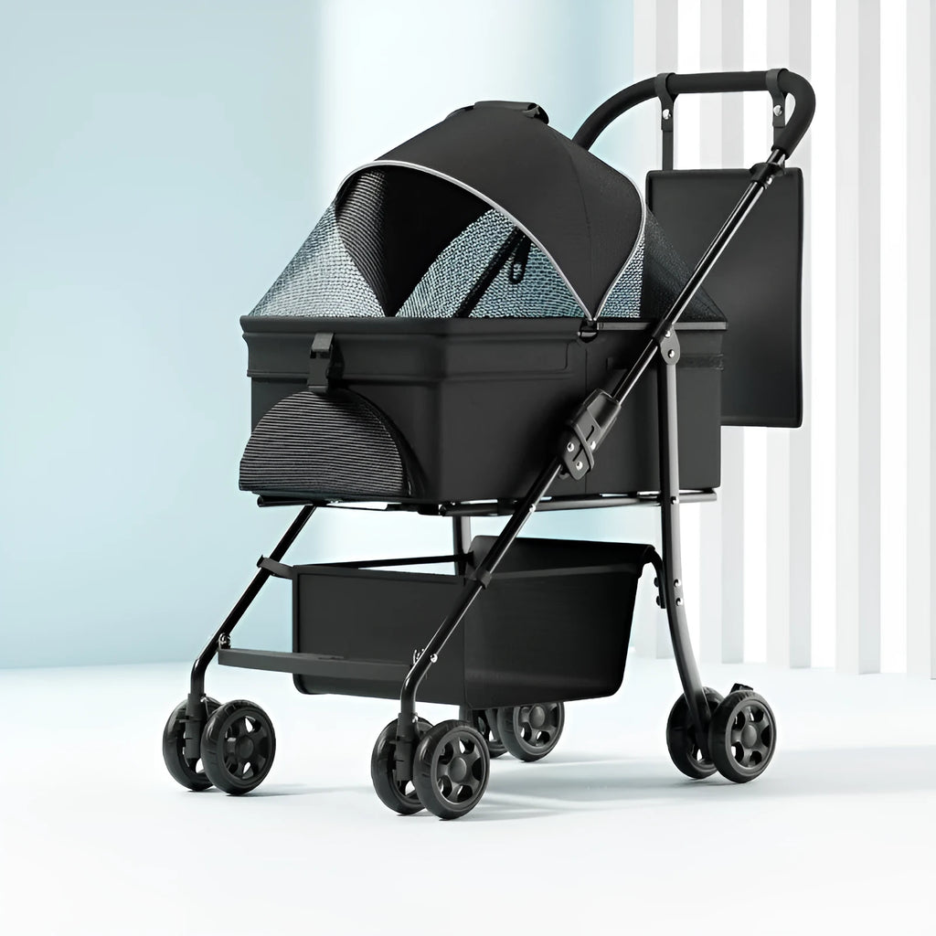 Black folding pet cart with large capacity interior and detachable metal frame design