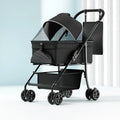 Black folding pet cart with large capacity interior and detachable metal frame design