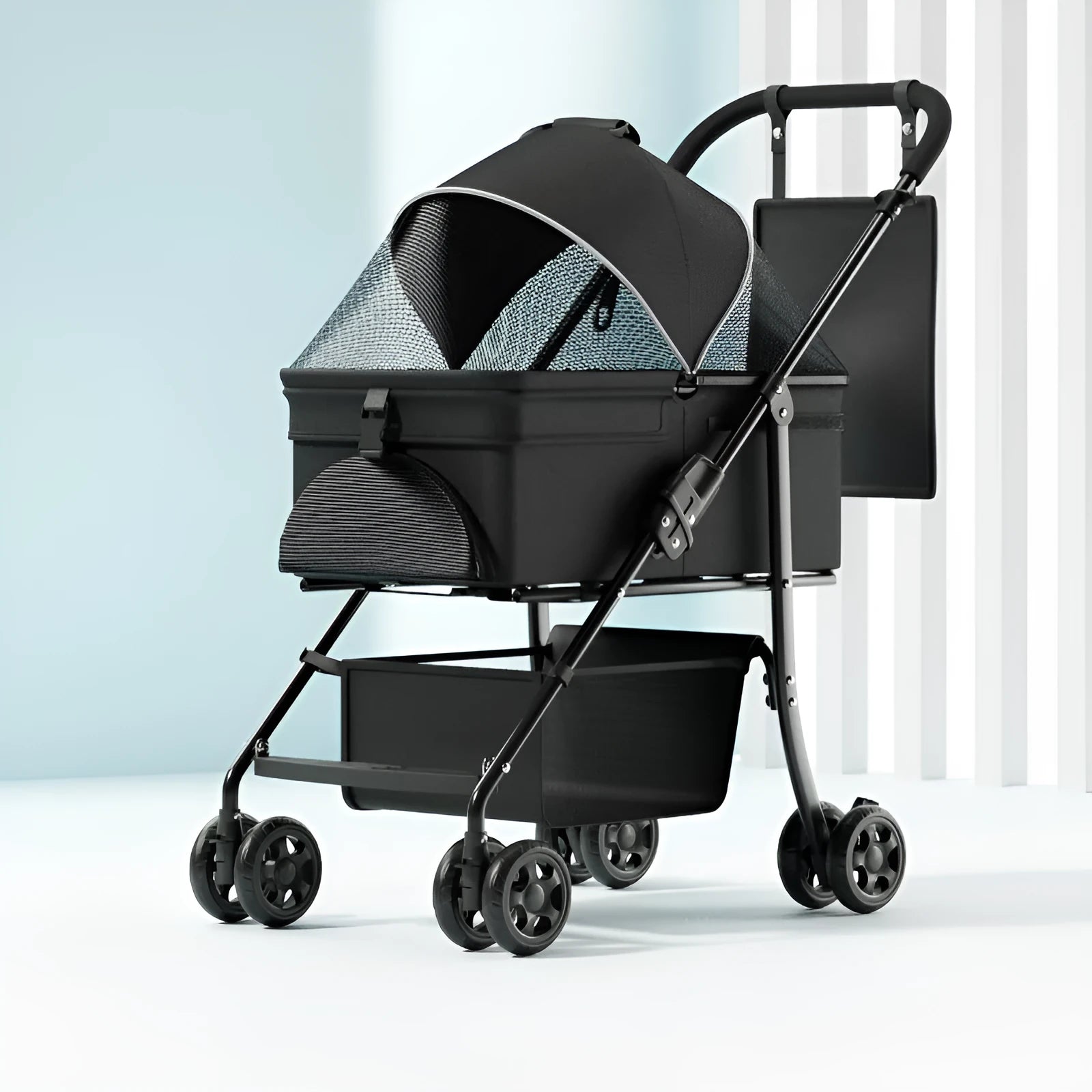Black folding pet cart with large capacity interior and detachable metal frame design