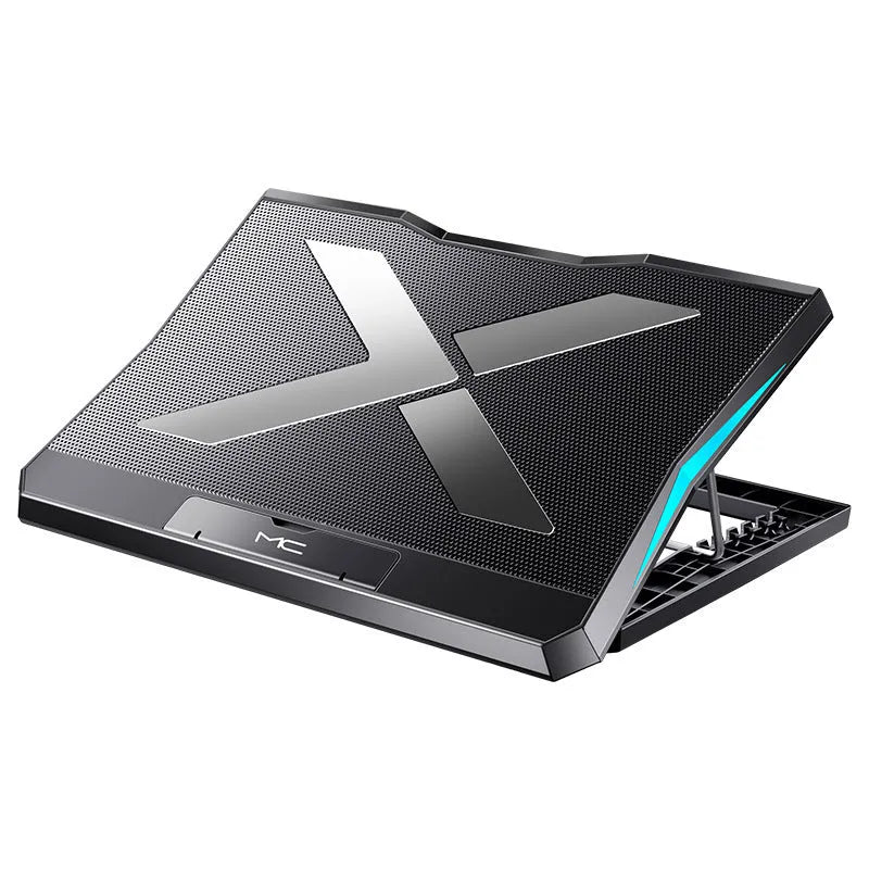 Black foldable laptop cooler with six fans, metal mesh surface and ABS back, 368 x 273 x 28 mm