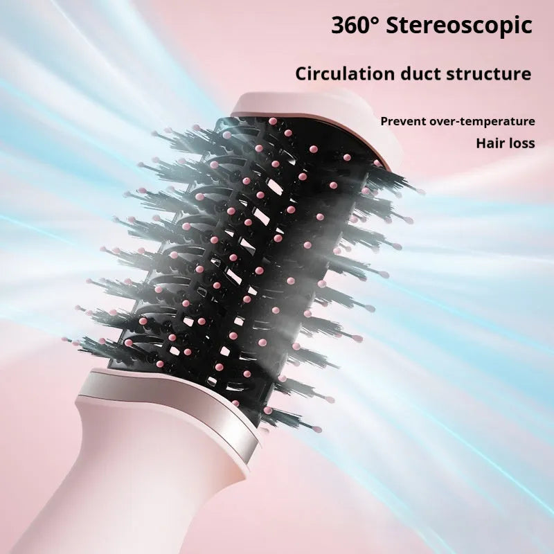 Pink multifunctional hair dryer with integrated comb and curling attachment showing constant temperature technology