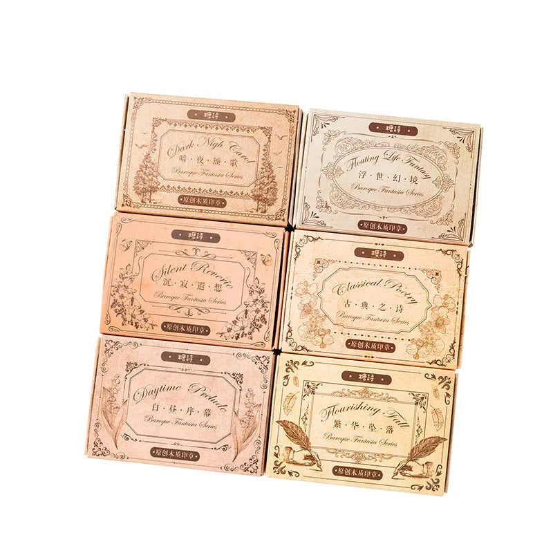Square wooden seal with Baroque Fantasia printed painting in a colourful decorative design