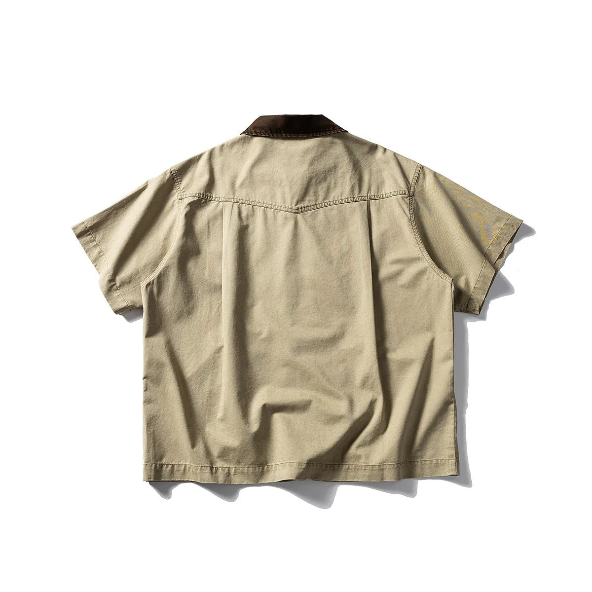 Grey loose-fit washed overalls short sleeve cardigan shirt on a hanger