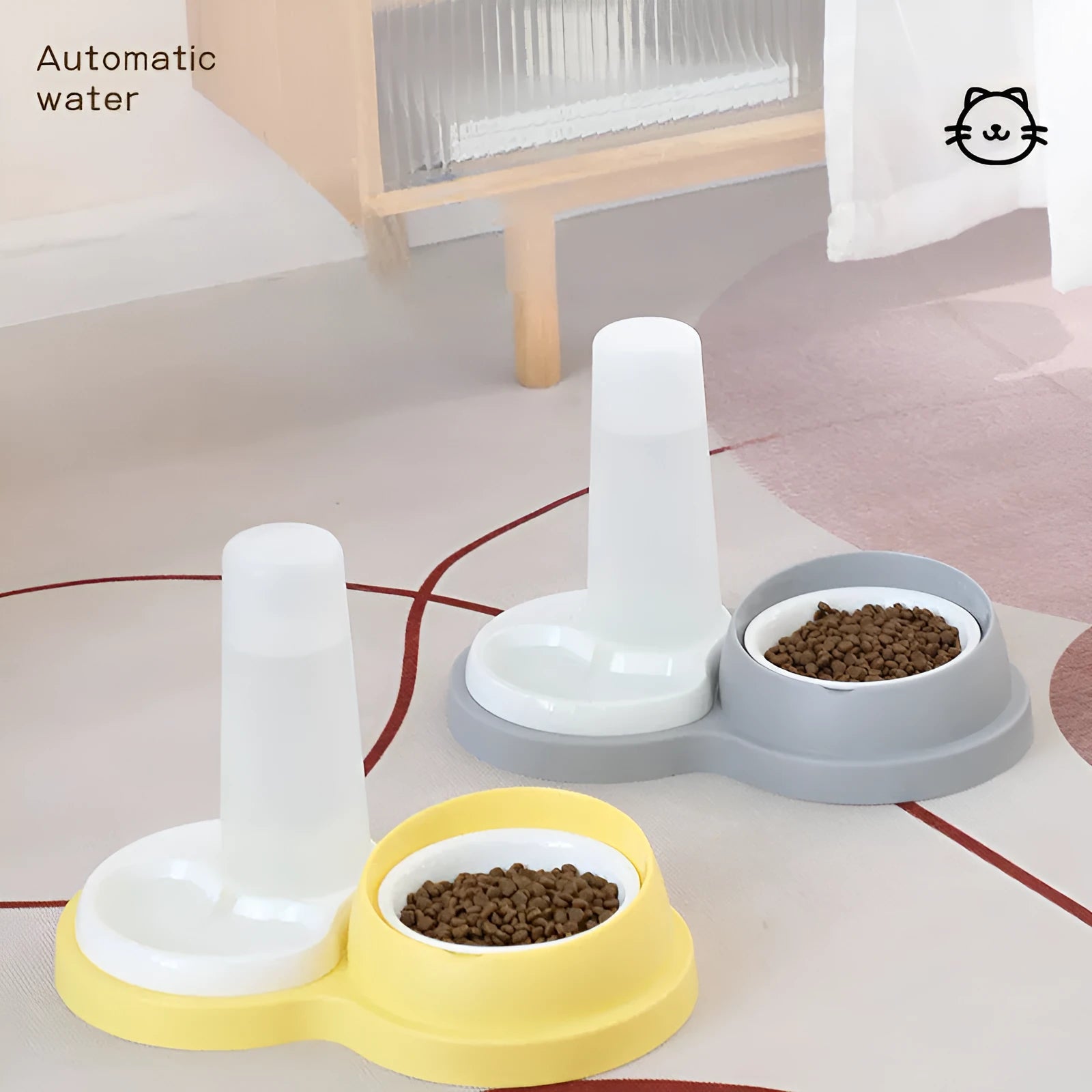 Grey and yellow raised pet double feeding bowl with four dishes and automatic water dispenser.
