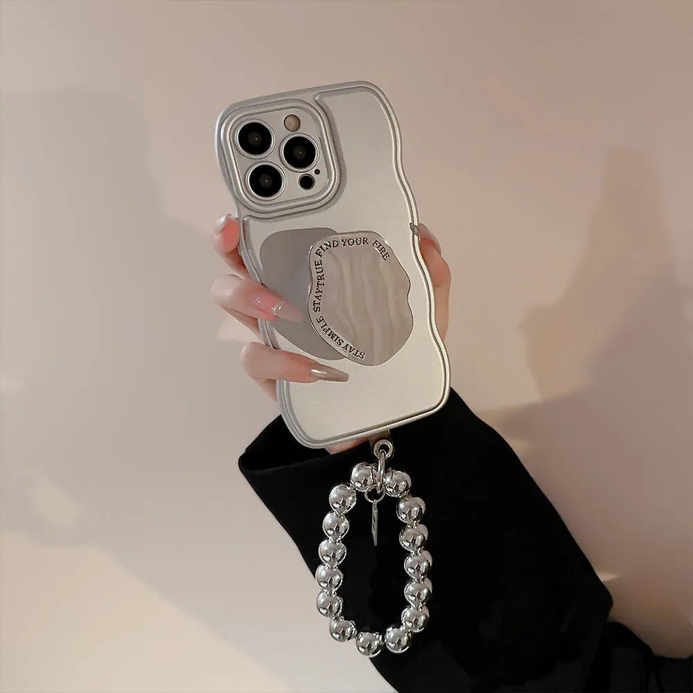 Niche metal silver electroplating bracket phone case for iPhone with geometric design and lanyard