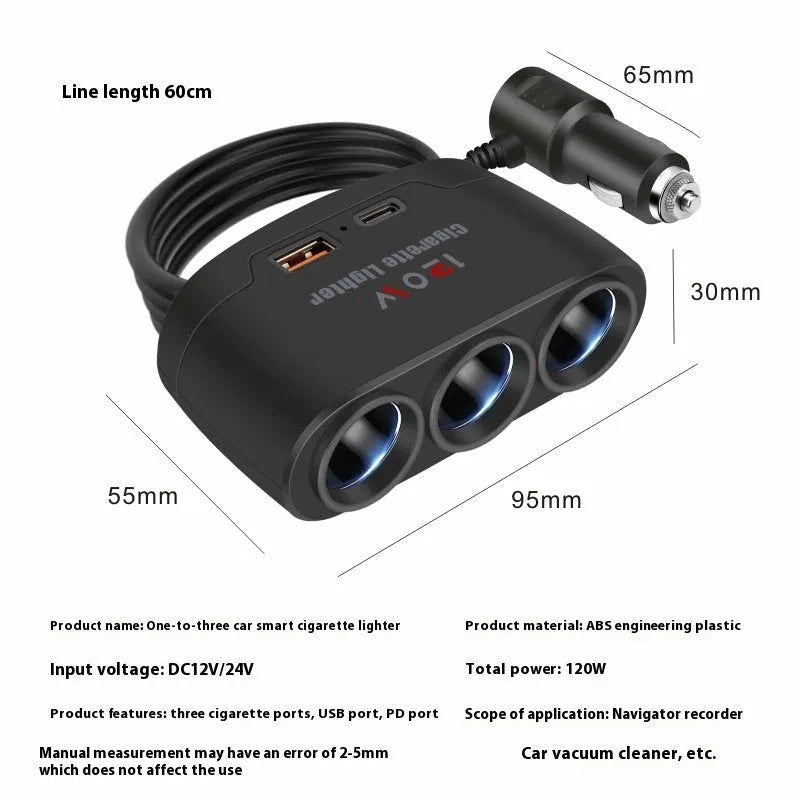Multi-function car cigarette lighter adapter with USB Type-C PD fast charging ports for 12V24V vehicles