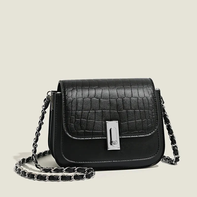 Black soft PU leather women's square shoulder bag with a silver chain strap