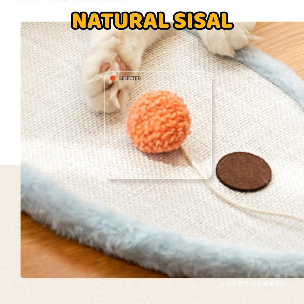 White sleeping cat pattern sisal scratching mat mounted on wall with curved design