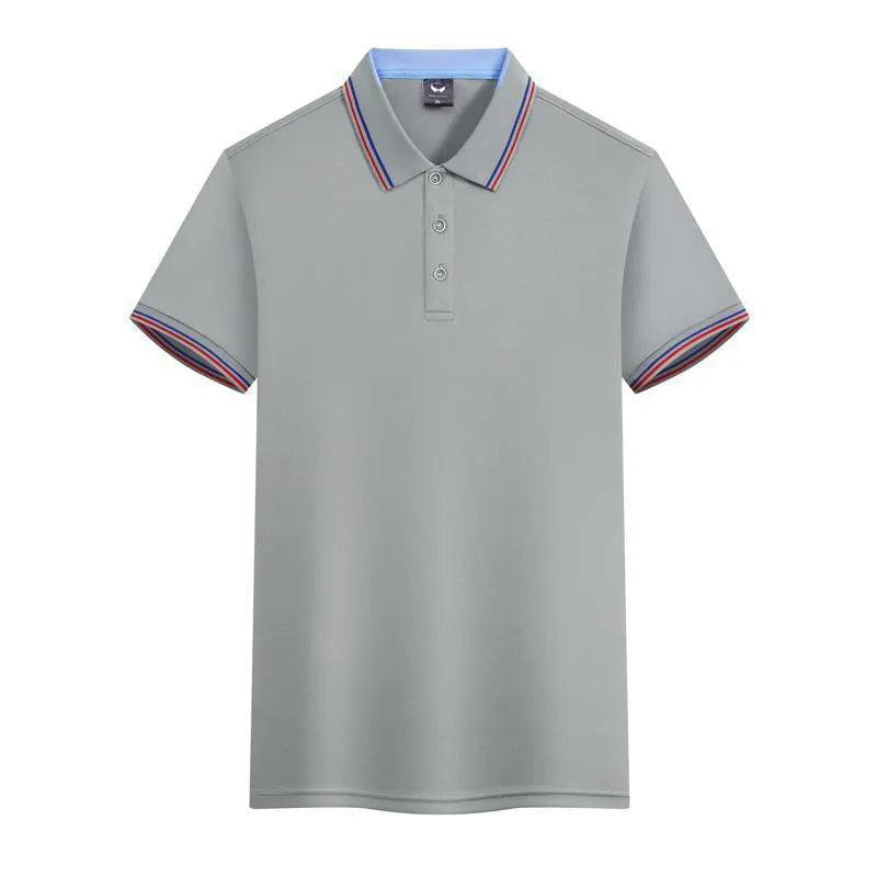 Man wearing a slim fit ice silk quick-dry polo shirt in blue, short sleeve workwear top.