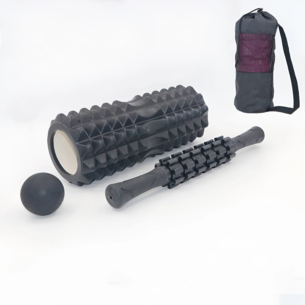 33cm black foam roller massage stick with six rotating EVA gear pieces