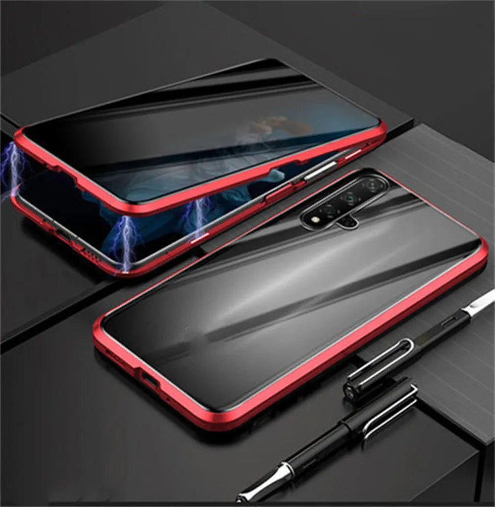 Magnetic privacy glass iPhone case with metal frame and 9H anti-peep front glass, 3-colour set