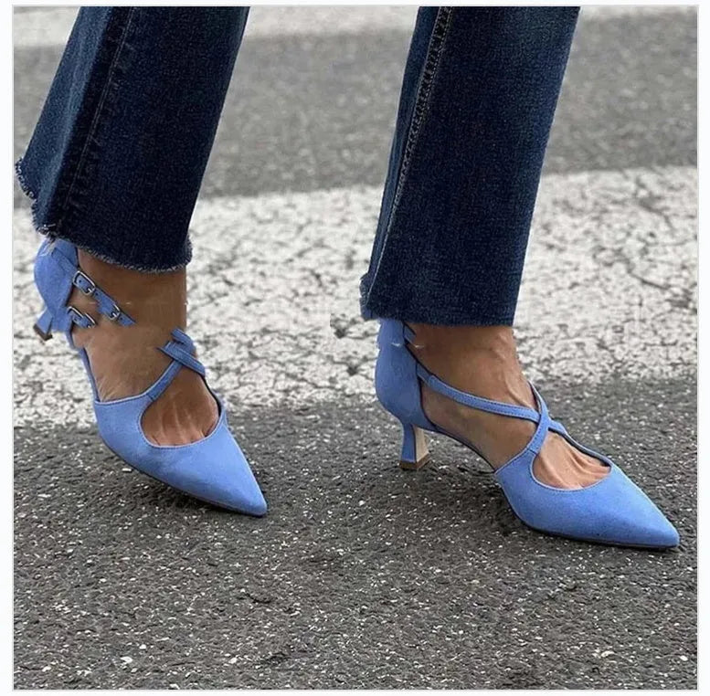 Plus size pointed toe suede sandals with cross buckle strap, 6-8cm high heel, in green, apricot, or blue.