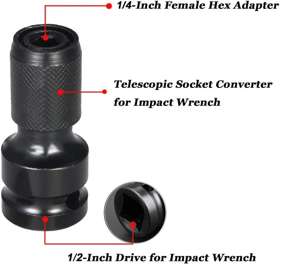 Telescopic steel bit holder with hexagonal handle for electric wrenches showing extended sleeve