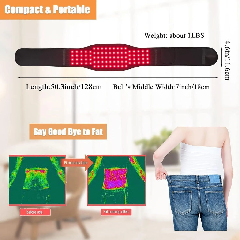 Black infrared red light therapy belt for waist pain relief with adjustable strap