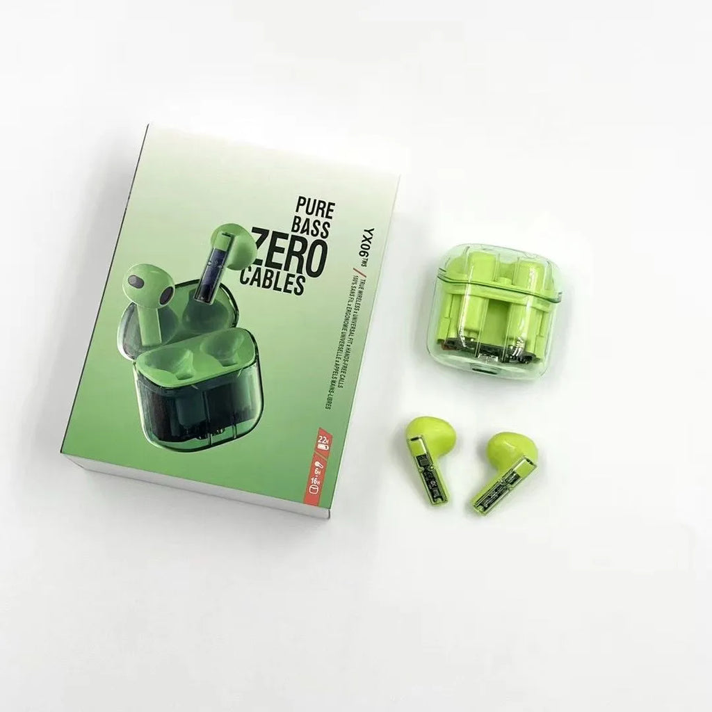 YX06 transparent case TWS wireless headphones in four colours with Bluetooth 5.3.