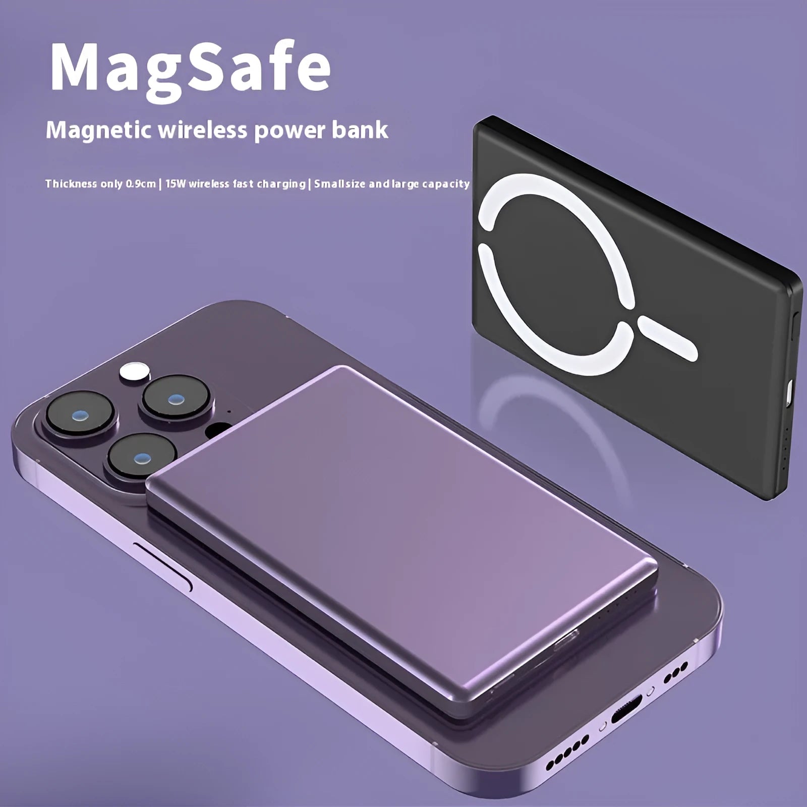 Ultra-thin 9mm magnetic power bank in dark grey, silver, black, and violet colour options