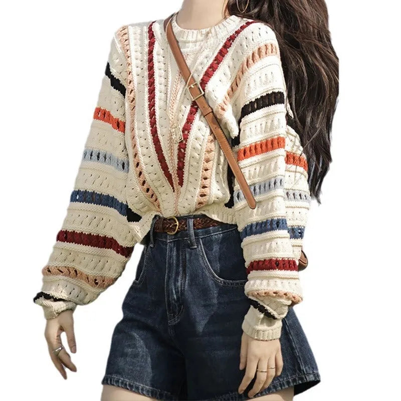 Rainbow striped hollow knit sweater with batwing sleeves in retro chic design