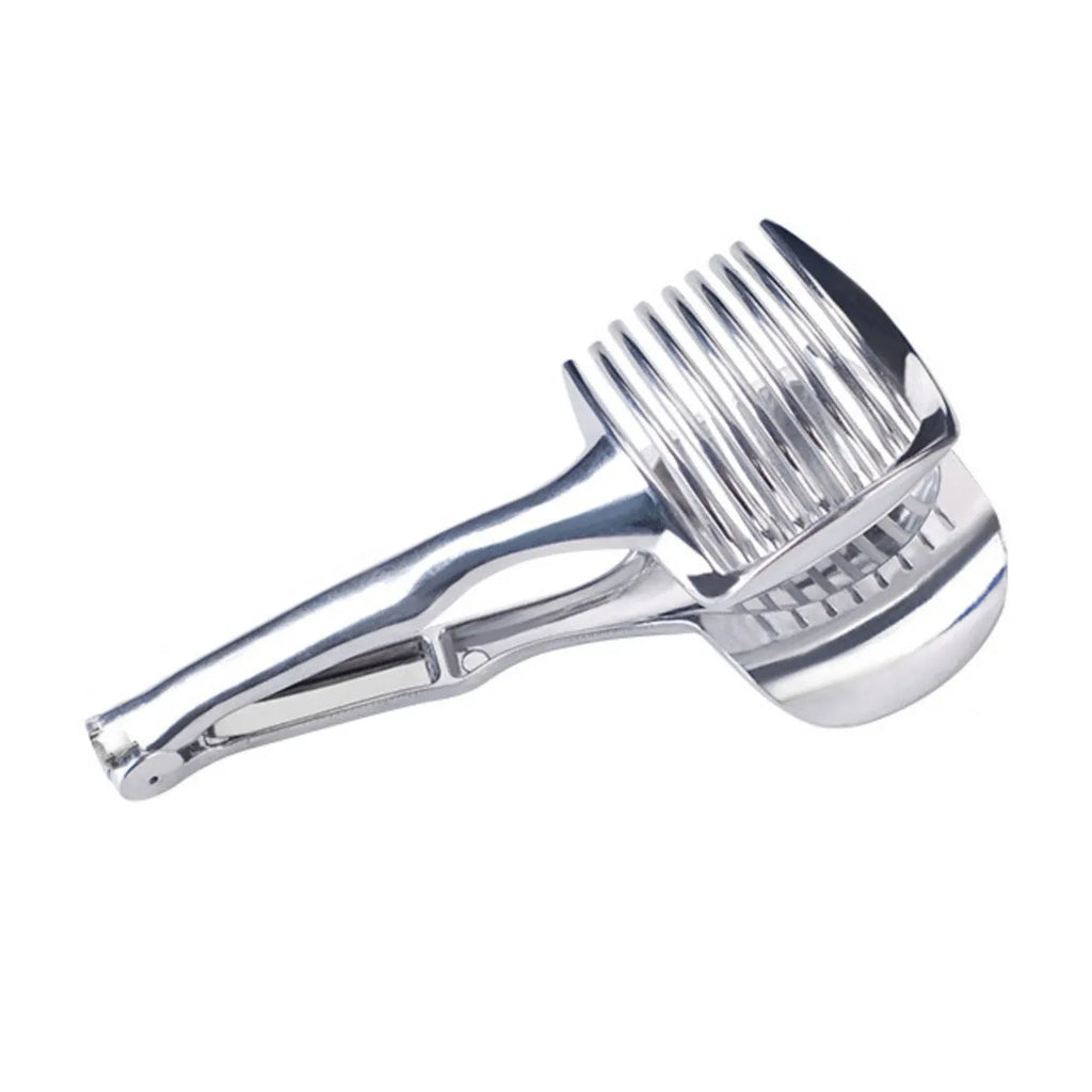 Silver plastic lemon slicer kitchen gadget on a countertop