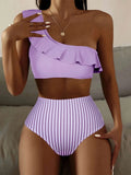 Women's striped solid colour split bikini swimsuit in polyester spandex blend showing multiple colour options