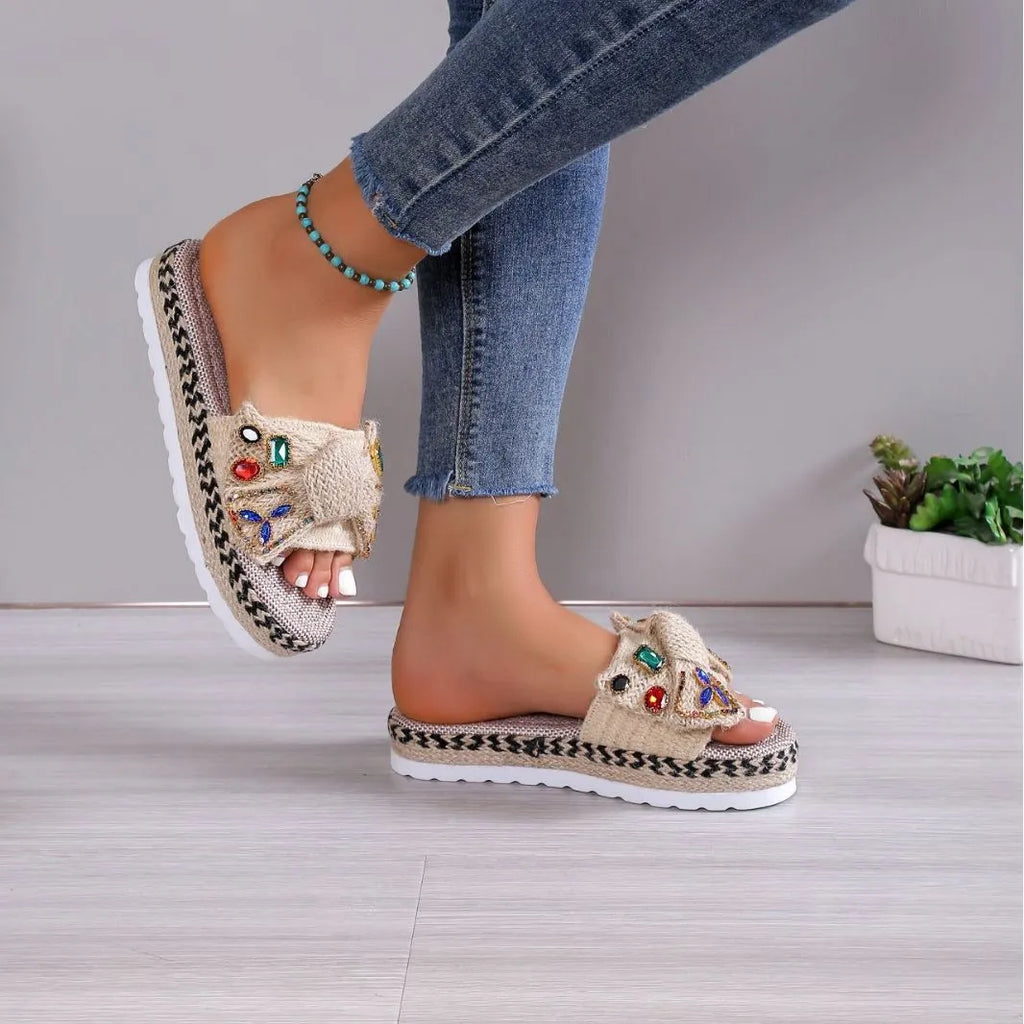 Creamy-white women's platform sandals with beach bow decoration and cloth construction