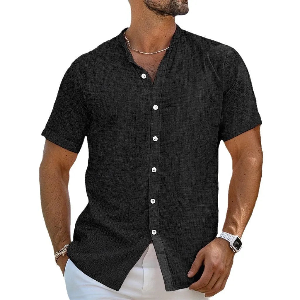 Men's loose cotton-linen cardigan with Henry collar and short sleeves in solid colour options