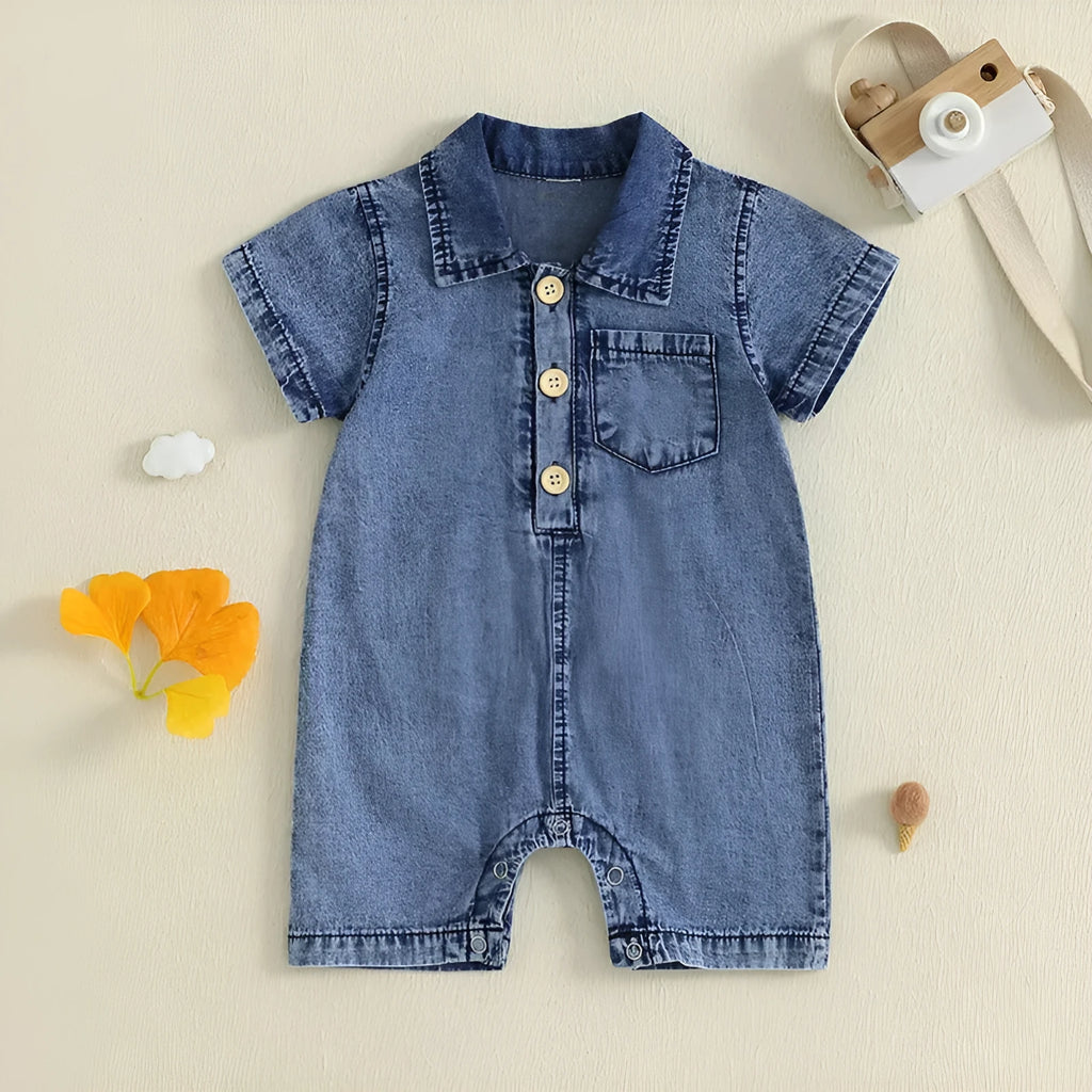 Blue western style solid colour short sleeve cotton romper for baby boys sizes 0 to 18 months