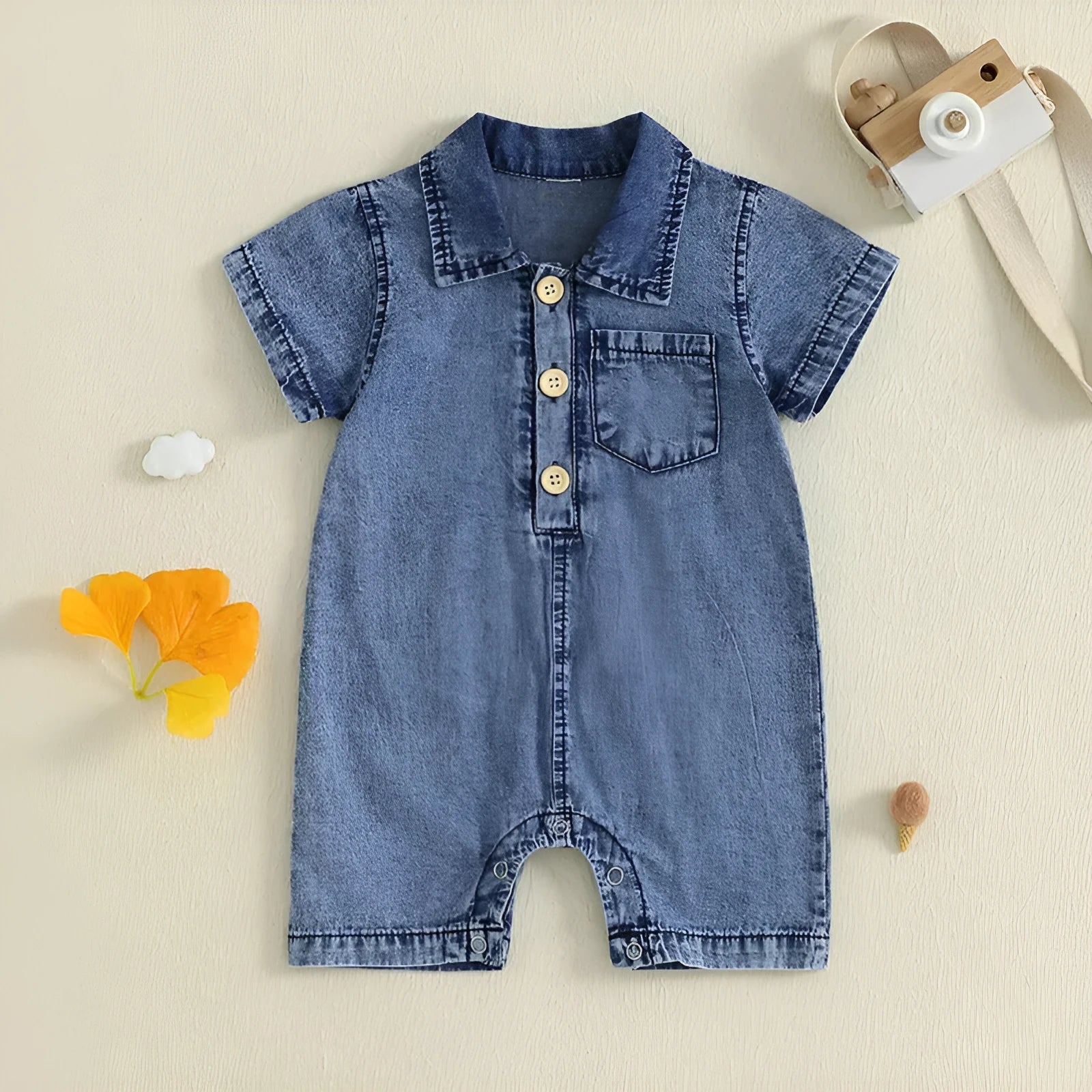 Blue western style solid colour short sleeve cotton romper for baby boys sizes 0 to 18 months