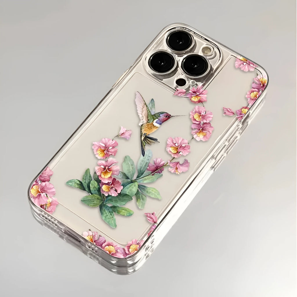 Flower Magpie transparent TPU phone case with fine-hole cutouts for iPhone lying on a flat surface