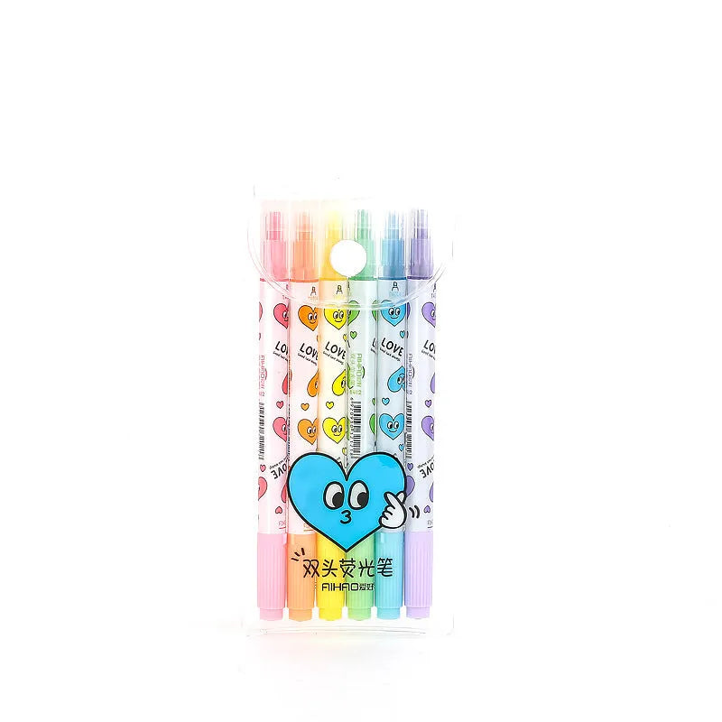 Six double-headed watercolour highlighters showing pink, orange, yellow, green, blue, and purple colours