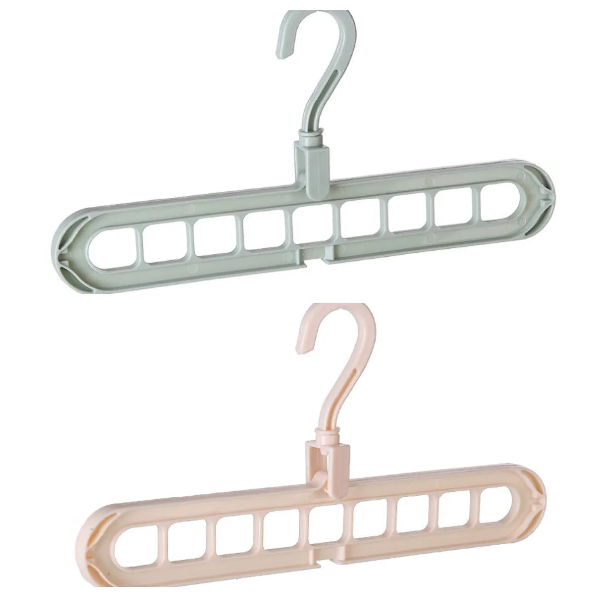Plastic clothes hanger with a white hook on a pink background, showing its 33 cm length and rotatable handle.