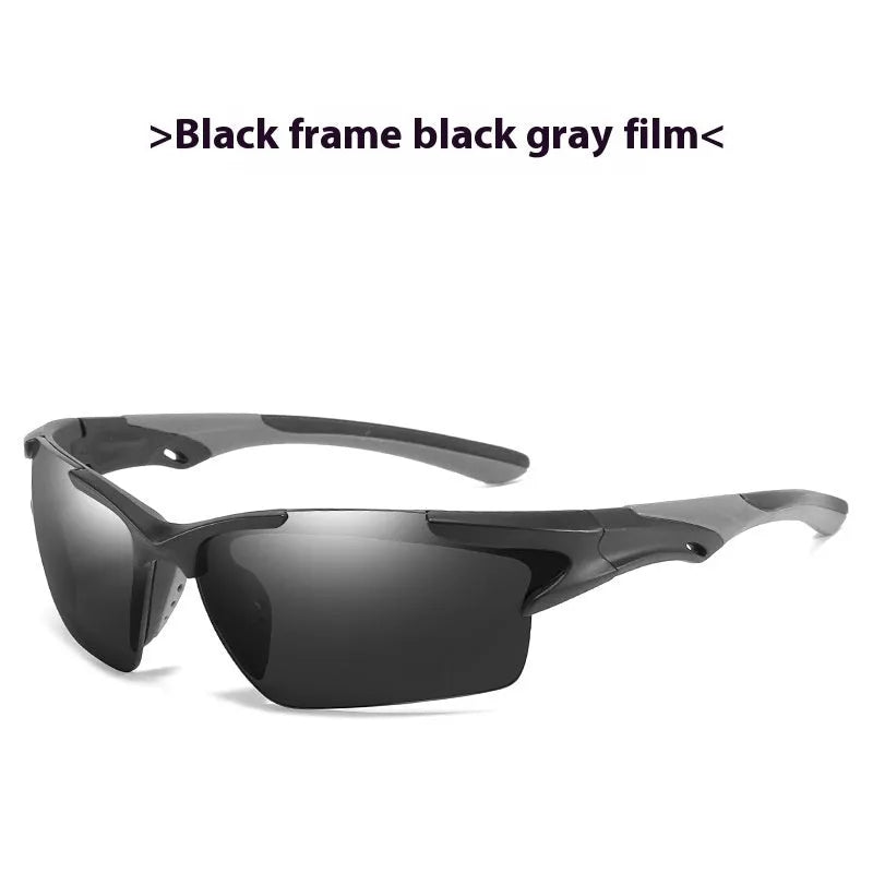 Men's and women's sports sunglasses with colourful film lenses in black frame and black gray option, dust-proof design for fishing and driving