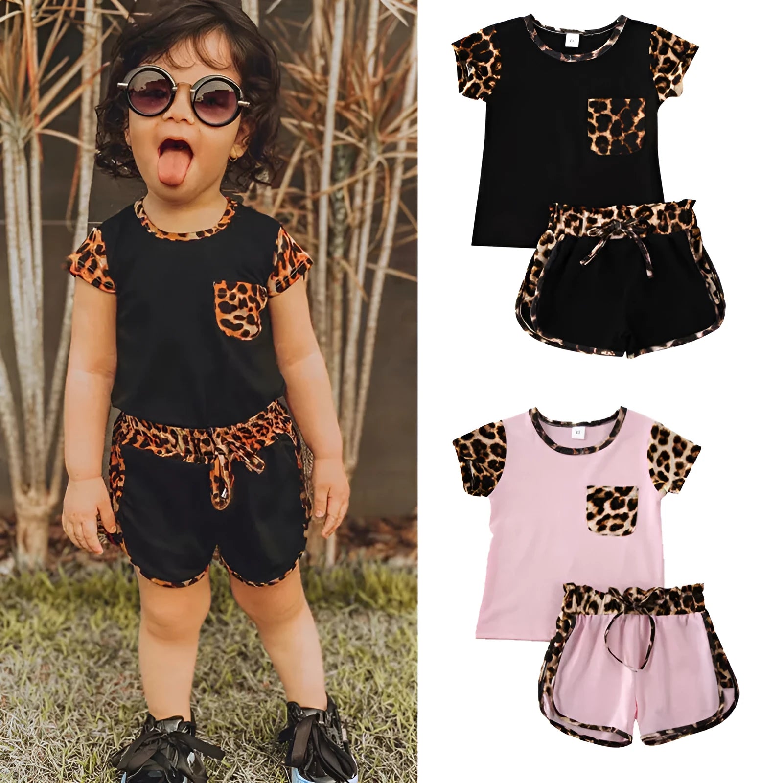 Girl's cotton blend outfit set in black and pink, sizes 80-120 cm