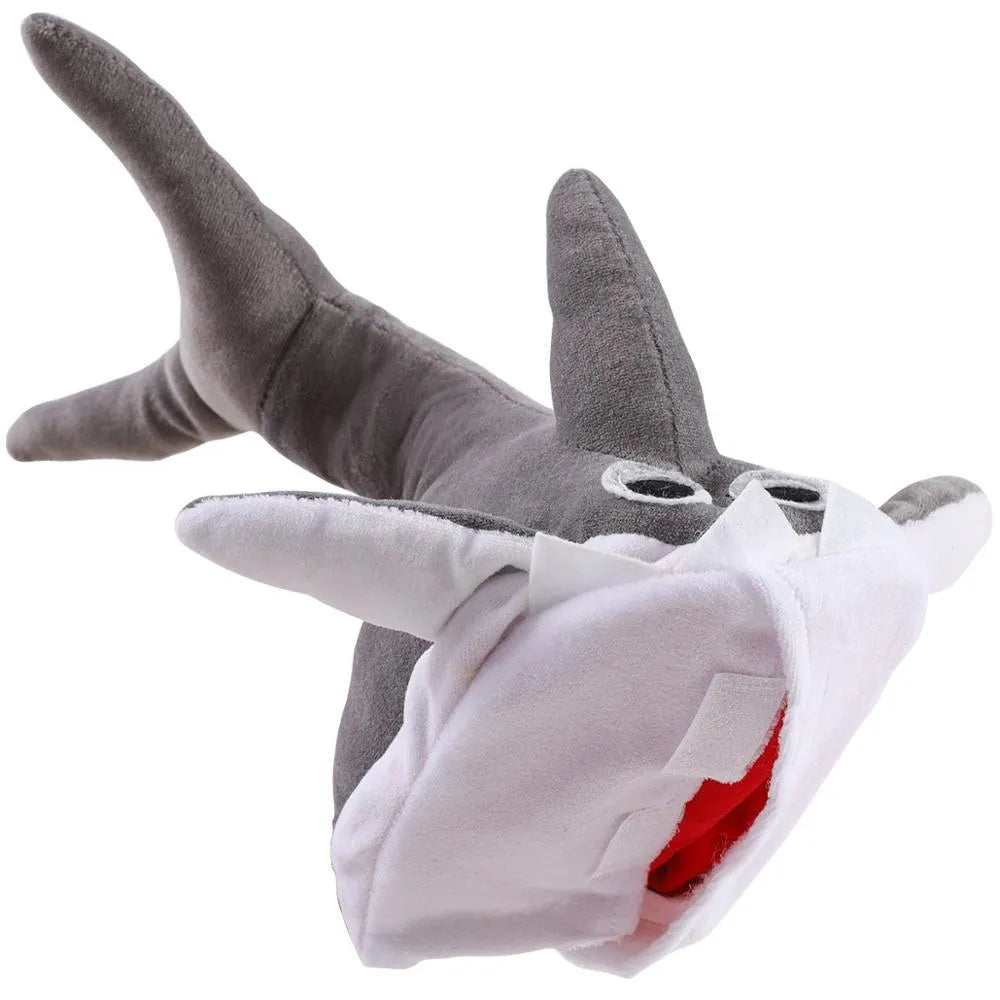 Grey plush shark pet throwing toy in plush cloth with cotton filling, 105g, M or S size
