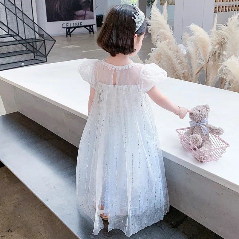 Girls Princess Elsa dress in cotton with short sleeves and A-line skirt, available in gradient blue and silver cloak colour options