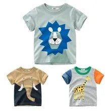 Kids cotton T-shirt with animal prints showing green lion, grey giraffe and khaki elephant designs in sizes 90-140cm