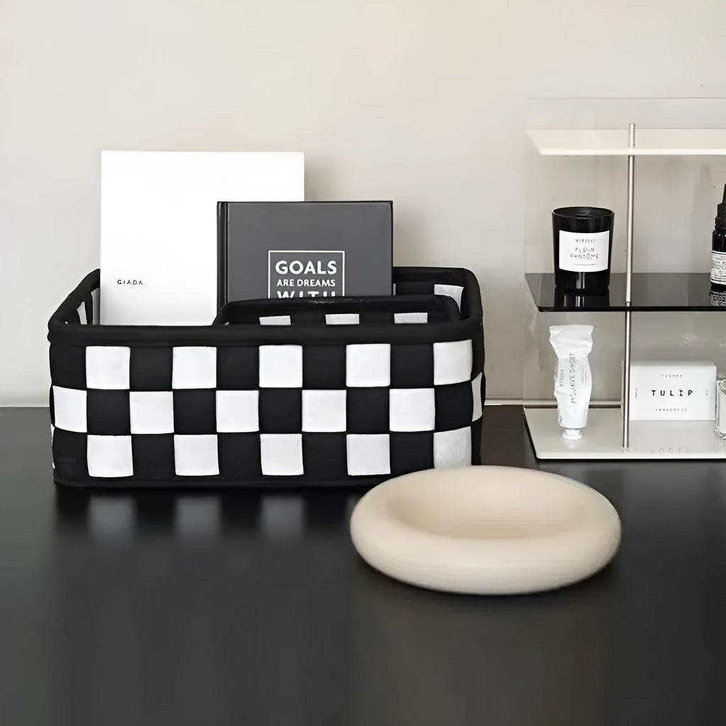 Checkerboard patterned grey felt storage basket with folded sides, shown with dimensions 37cm by 29cm by 19.5cm.