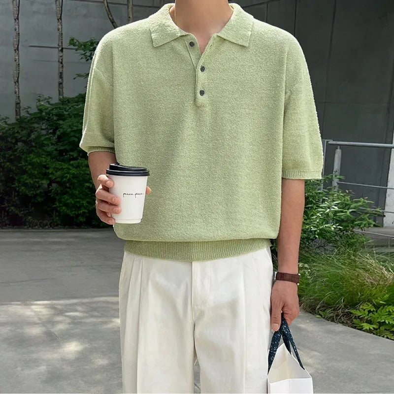 Men's caramel coloured retro knitted polo shirt with short sleeves and an asymmetric design detail.