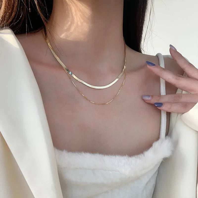 Double layer snake bone sterling silver necklace for women, gold and platinum finishes, adjustable length