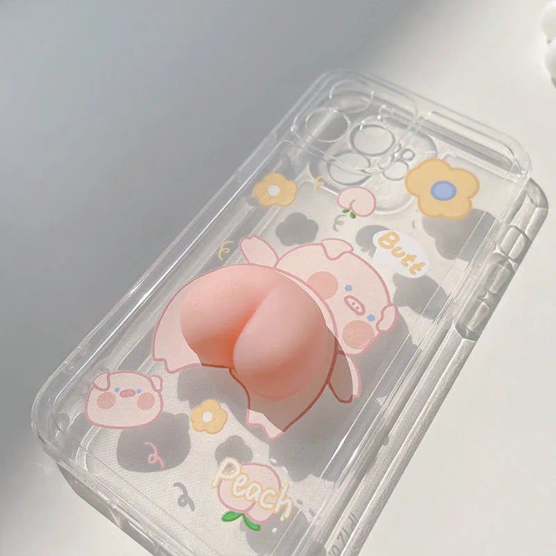 iPhone silicone case with 3D cartoon pig butt design on transparent TPU back