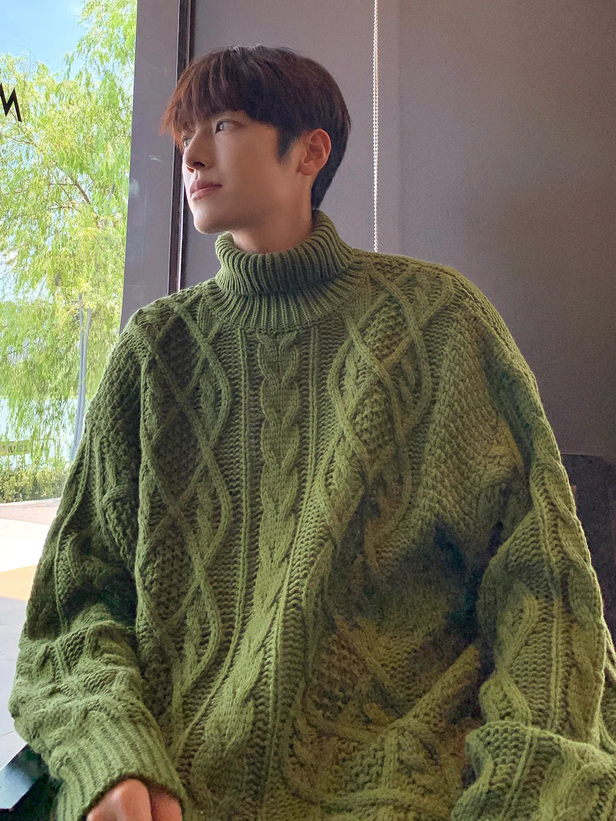 Japanese-style retro green jacquard turtleneck sweater, loose fit wool blend knit jumper for women