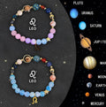 Set of twelve natural stone beaded bracelets for each zodiac sign with adjustable cords.