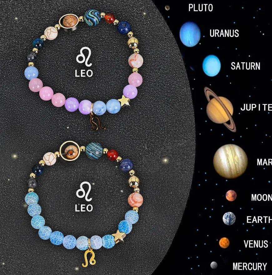 Set of twelve natural stone beaded bracelets for each zodiac sign with adjustable cords.