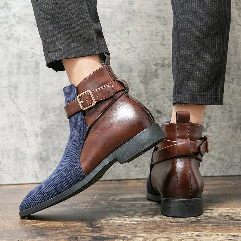 Men's high top retro platform work boots in beige or blue with rubber sole and front lace-up fastening
