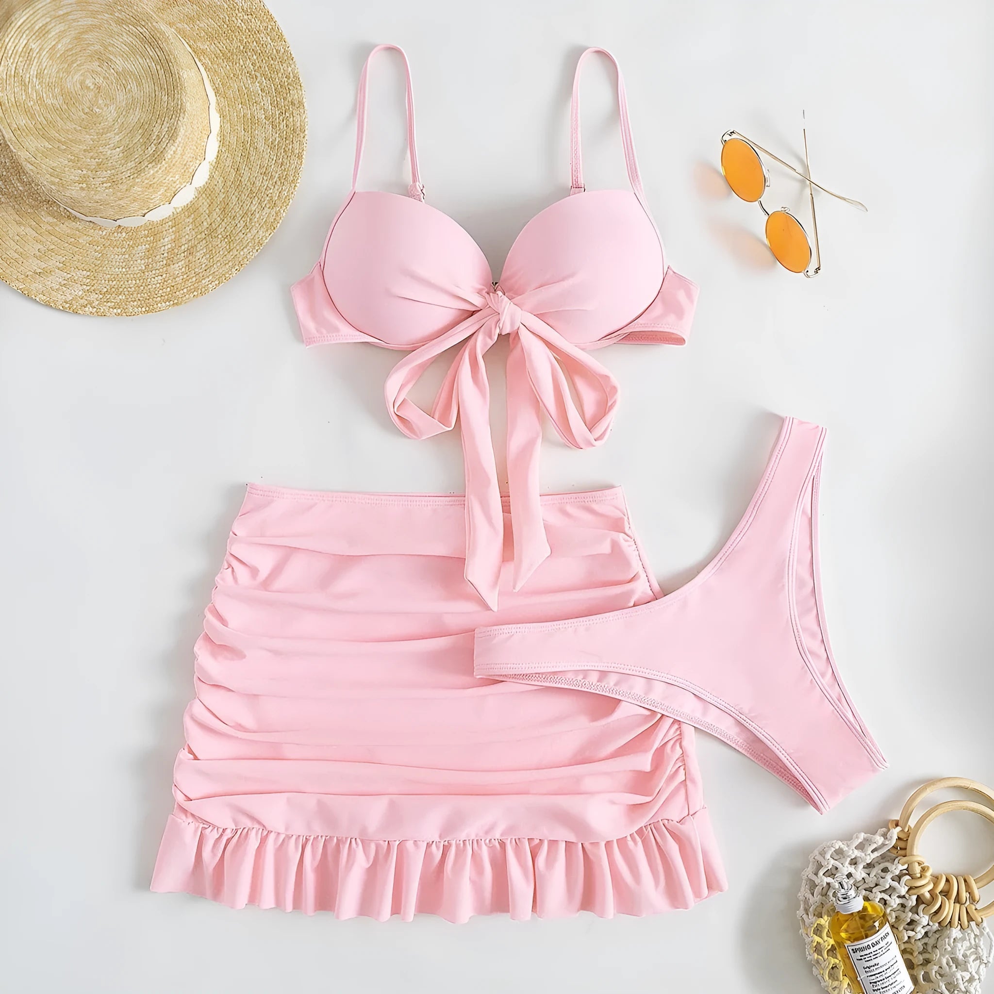 Women's floral swimsuit set with personality bow detail and split design in polyester fabric