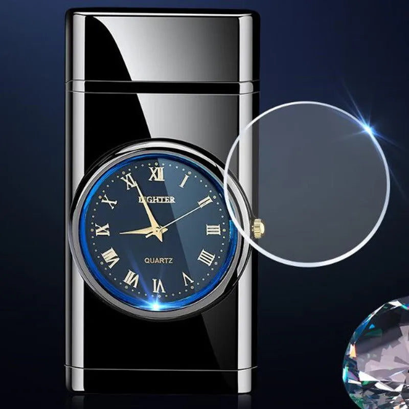 Multifunctional metal watch lighter with LED lamp in black brushed finish