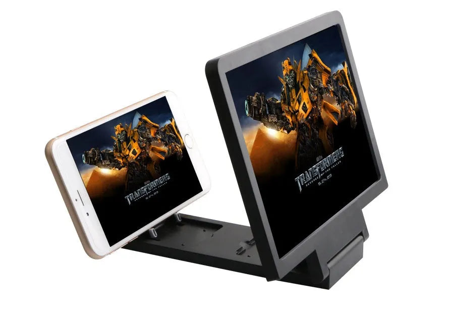 Black and white portable screen magnifier for tablets and smartphones, shown with protective film.