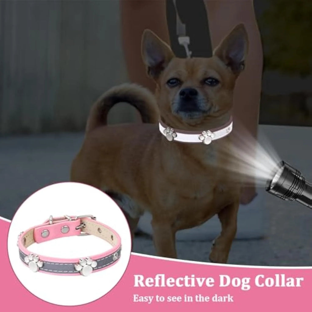 Reflective leather dog collar with paw-shaped rivets and adjustable metal buckle
