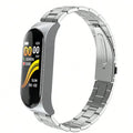 Smart bracelet with stainless steel wristband, touch button, heart rate and blood pressure monitoring, shown in black gold silver pink